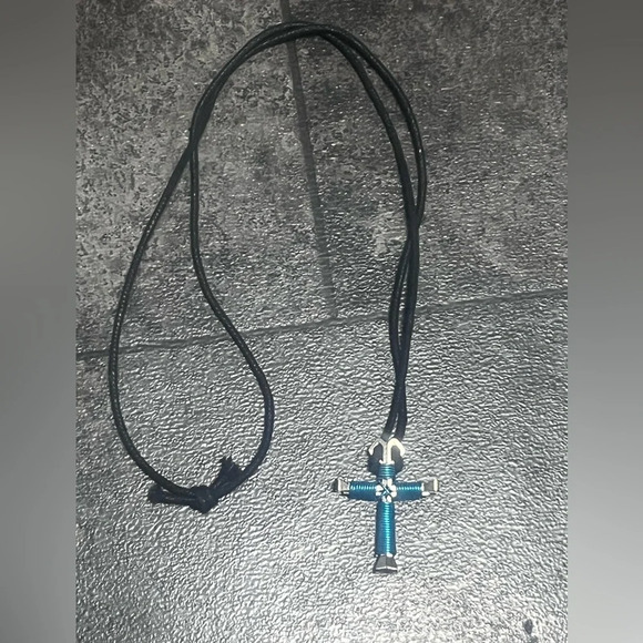 OOAK Blue and Silver Wire Cross Pendant in Long Black Rope Chain - Picture 4 of 4